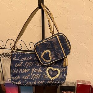 Coach Navy and Gold Heart Accent Shoulder Bag Set